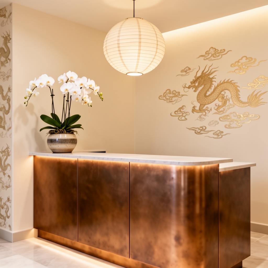 Bronze reception desk with orchids